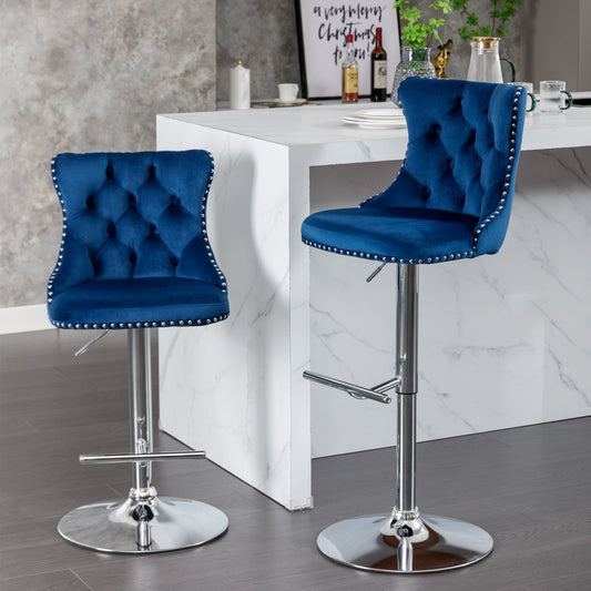 GAKMCIL Swivel Velvet Upholstered Barstools with 25-33in Adjustatble Seat Height, 360°Swivel, Footrest, Chrome base, Comfy Tufted Backs, 300lbs Load for Home Pub, Kitchen Island (Set of 2, Blue)