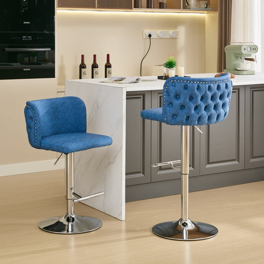 GAKMCIL Modern PU Upholstered Swivel Bar Stools with Adjustable Counter Seat Height, Footrest, Silver Metal Chrome Base, Rivets Trim, 300lbs Load for Home Pub, Kitchen Island (Set of 2, Blue)