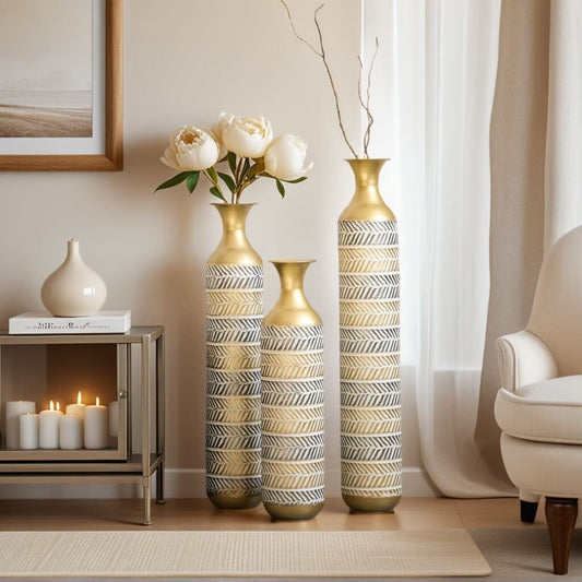 GAKMCIL Oversized Tall Floor Vase Large Metal Glazed Vases Pampas Prairie Twigs Distressed Metallic Center Vases for Living Room, Bedroom and Farmhouse (Set of 3, 24/28.7/33.5in H) (Blue&Gold)