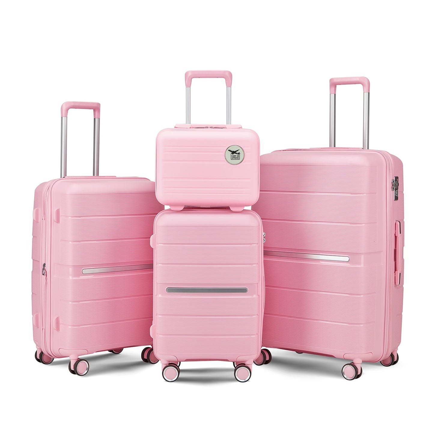 POWANLI 4 Piece Luggage Sets(14"20"24"28"）, PP Hardside Lightweight & Durable suitcase, Expandable, TSA Lock, Spinner Wheels, Airline Approved,(Pink)