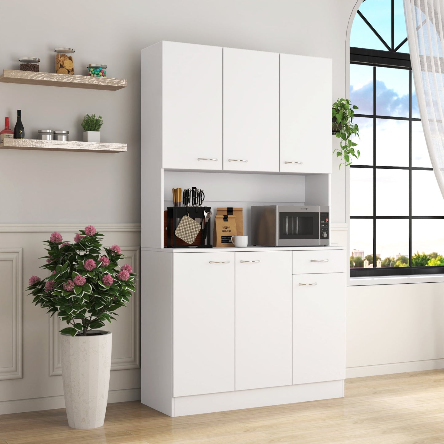 GAKMCIL 70.87" Kitchen Cabinet & Tall Wardrobe, with 6-Doors, 1-Open Shelves and 1-Drawer, Kitchen Fixtures, Easy Clean, Pantry Cabinets, Versatile Storage for Kitchen & Bedroom & Office, White