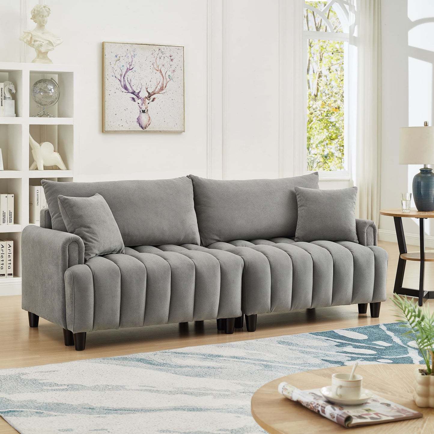 GAKMCIL 83" Polyester Futon Sofa Bed, Comfy Convertible Couch Bed, Multi-Function Sofa with Adjustable Backrest, 2 Pillows, 2 Hidden Storage, 700lbs Load for Living Room, Guest Room (Gray)