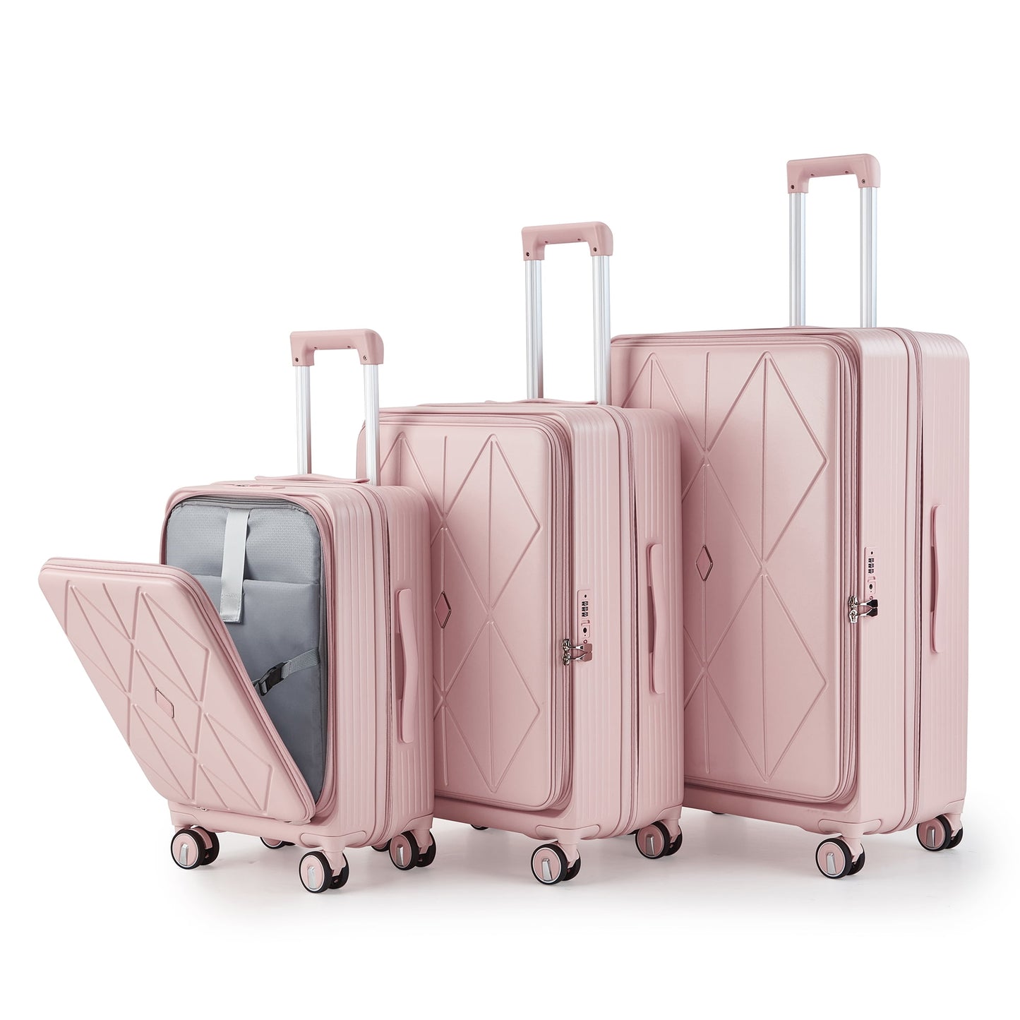 POWANLI 3 Piece Luggage Sets (20''24''28''), PC Hard Shell Expandable Lightweight Carry On Luggage, with Front Pocket and Spinner Wheels, TSA Lock, Airline Approved(Pink)