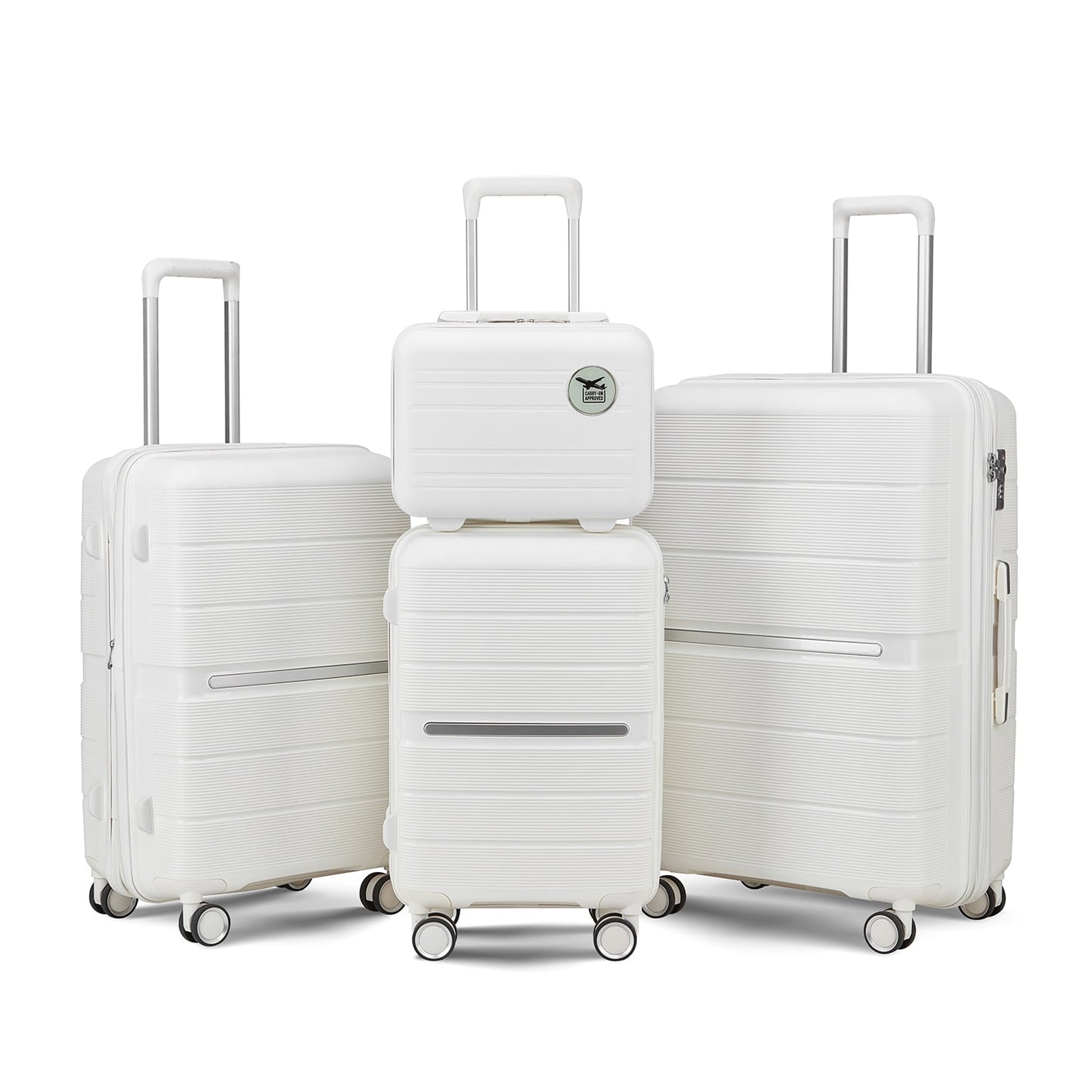 POWANLI 4 Piece Luggage Sets(14"20"24"28"）, PP Hardside Lightweight & Durable suitcase, Expandable, TSA Lock, Spinner Wheels, Airline Approved,(White)