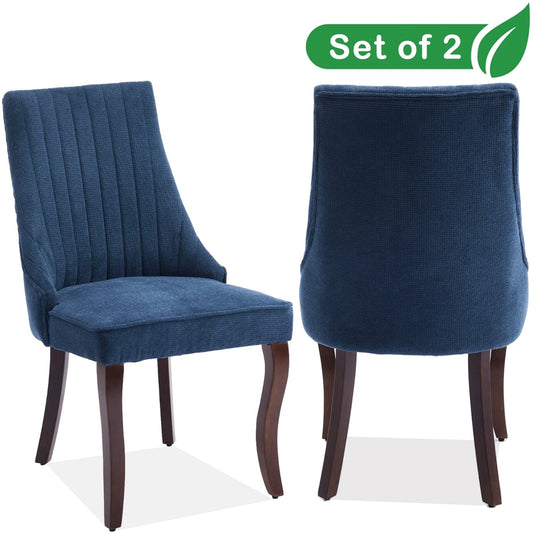 GAKMCIL Linen Dining Chairs (Set of 2), Channel Tufted Kitchen Dinner Chair Comfy Fabric Upholstered Accent Chair for Dining Room with Solid Wood Legs, Weight Capacity:300lb (Blue)