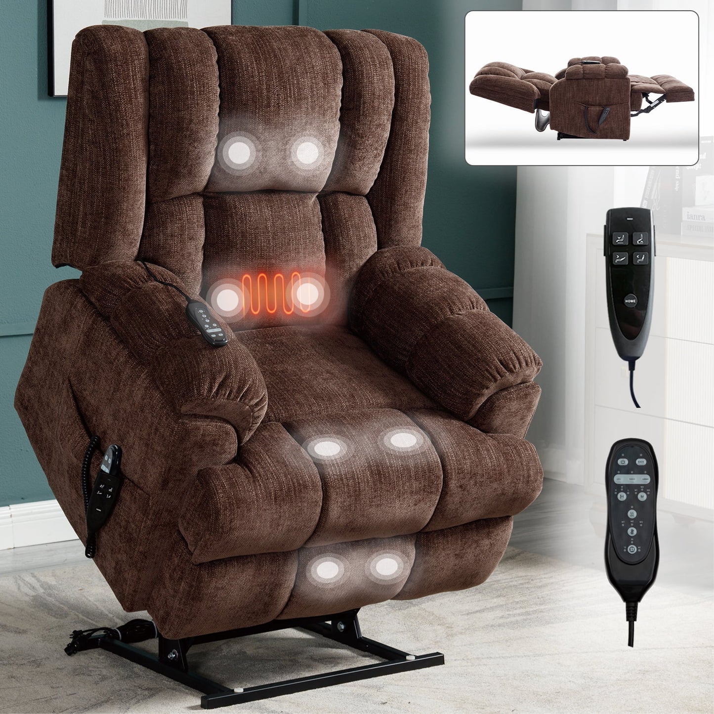 GAKMCIL Large Dual Motor Power Lift Chair Recliner for Elderly with Massage and Heating, 3 massage modes, 8 vibrating nodes (back, lumbar, thighs, legs), 15/30/60 minute timing function, Gift (Brown)