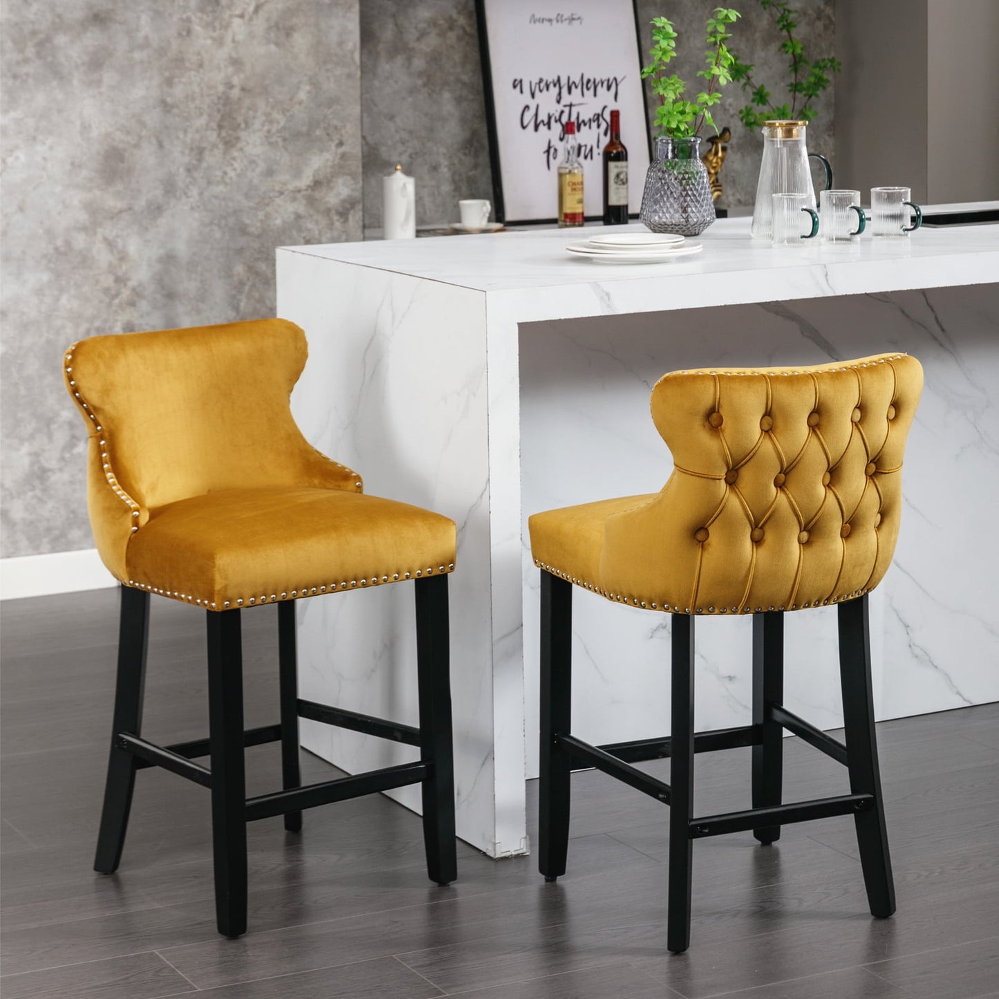 GAKMCIL Velvet Upholstered Wing-Back Barstools, Counter Height Solid Wood Bar Chairs with Button Tufted, Chrome Nailhead Trim, Wooden Legs, 300lb Load for Kitchen, Dining Room, Pub (Set of 2, Gold)