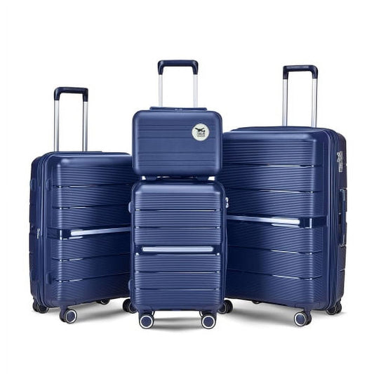 POWANLI 4 Piece Luggage Sets(14"20"24"28"）, PP Hardside Lightweight & Durable suitcase, Expandable, TSA Lock, Spinner Wheels, Airline Approved,(Navy Blue)