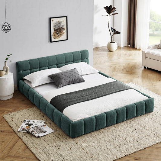 GAKMCIL Modern Queen Size Bed Frame, Chenille Fabric Grounded Queen Size Low Platform Bed with Headboard and Thick Fabric, Easy Assembly, No Box Spring Needed (Green， 68''*86.5''*23.5'')