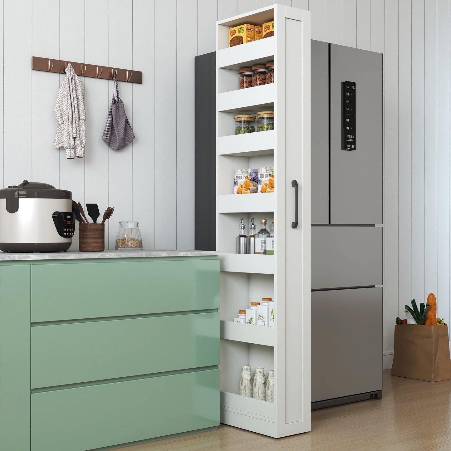 GAKMCIL 7 Tier multi-functional pull-out Kitchen Storage Cart, Narrow Storage Cabinet, multi-tier storage Single-sided open shelf for Kitchen, Living Room & Narrow Spaces (7.87"*15.75"*70.87*)(White)