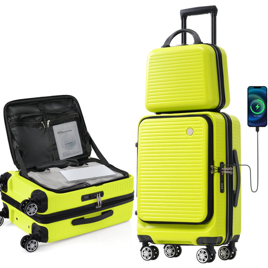 POWANLI 2 Pcs Hardshell Luggage Sets, 20 inch Front Open Suitcase with USB Port TSA Lock, Front Pocket and Spinner Wheels, 1 Portable Carrying Case. Airline Approved, Travel Woman Men (Green)