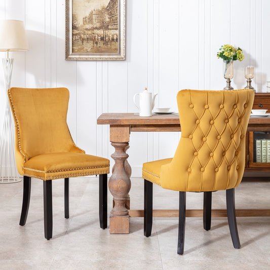 GAKMCIL Velvet Dining Chair (Set of 2), Comfy Upholstered Wing-Back Dining Chairs with Nailhead Back and Solid Wood Legs, Weight Capacity 330lb for Dining Room and Kitchen (Gold)
