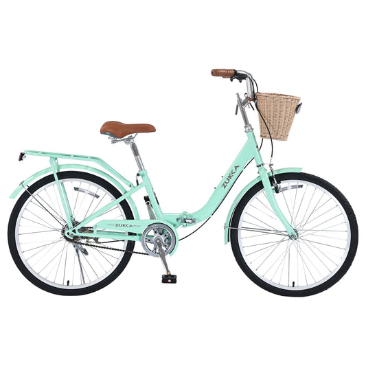 POVANLI 24" Single Speed Folding Lady Bike,Durable Steel Frame Women Bike,Compact Design for Easy Storage and Commuting Green