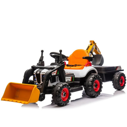 CAMSCH 24V 4-in-1 Excavator, Dump Truck&Bulldozerc,Kids Ride on Electric Tractor Toy Vehicle W/Parent Remote Control,Slow start,3 Speed,MP3,USB,Bluetooth,LED lights for Kids Aged 2-5,Gift(Orange)