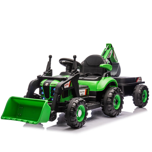 CAMSCH 24V 4-in-1 Excavator, Dump Truck&Bulldozerc,Kids Ride on Electric Tractor Toy Vehicle W/Parent Remote Control,Slow start,3 Speed,MP3,USB,Bluetooth,LED lights for Kids Aged 2-5,Gift(Green)