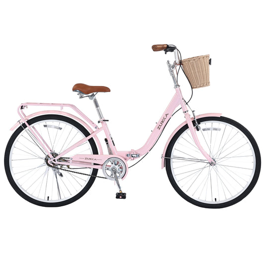 POVANLI 26" Single Speed Folding Lady Bike,Durable Steel Frame Women Bike,Compact Design for Easy Storage and Commuting