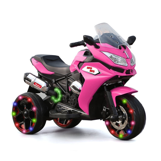 CAMSCH 3 Wheels 12V Kids Ride on Motocross Motorcycle Toys for Kids,Battery Powered Kids Electric Motorcycle with Slow Start,Power Display,Lighting Wheels,MP3,Bluetooth for Children Aged 3-5(Pink)