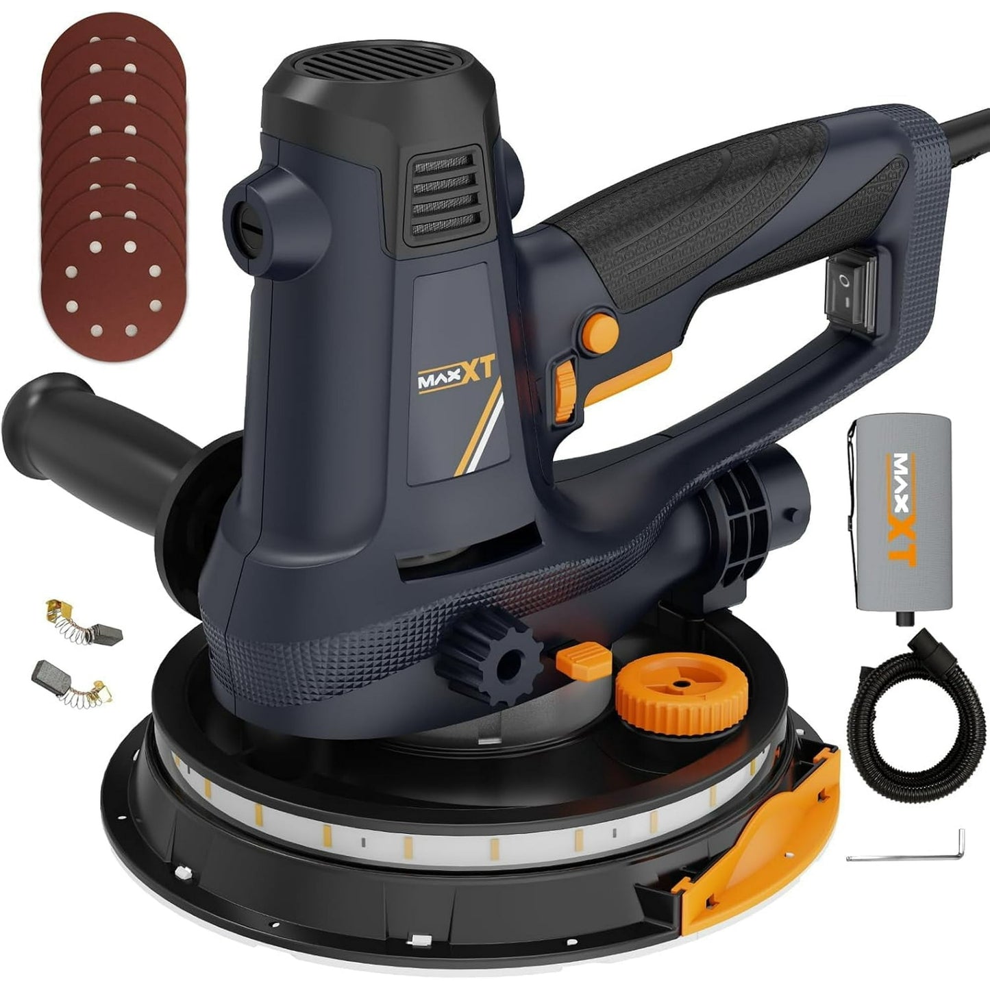POVANLI 810W Electric Handheld Drywall Sander, 7A Motor Dustless Floor Sander with Variable Speed 1500-2800RPM, LED Light,Upgraded Pad, Adjustable Suction Orange