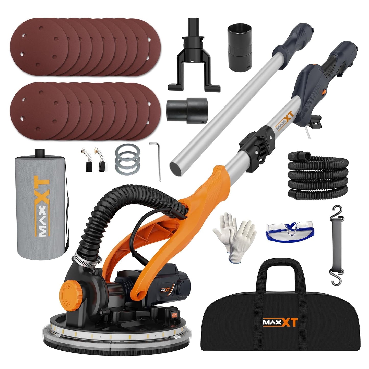 POVANLI 820W Electric Drywall Sander with Vacuum Dust Collection, 6.5A Motor Dustless Floor Sander with Variable Speed 600-1900RPM, LED Light, Extendable & Foldable Handle Orange
