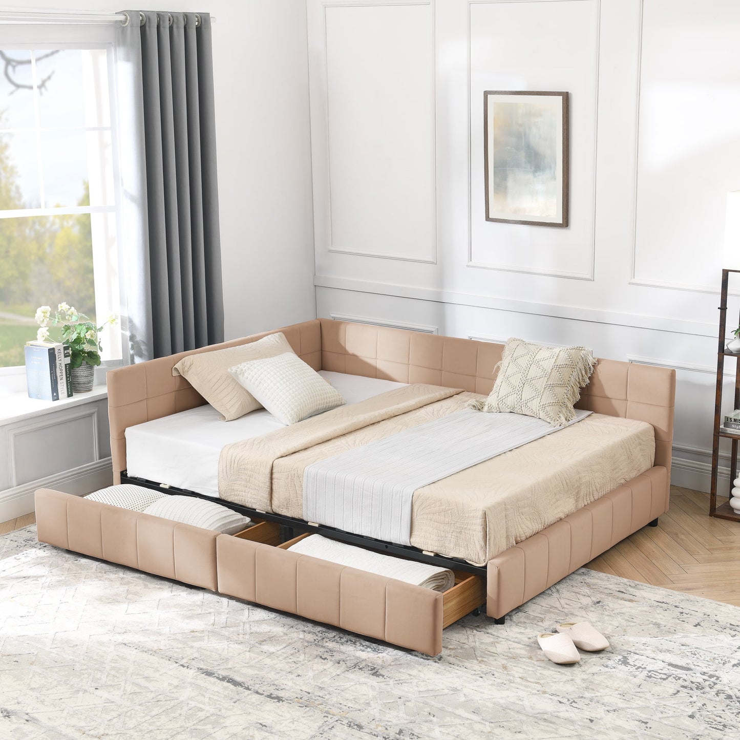 GAKMCIL Full Size Upholstered Tufted Bed Frame,Sofa Velvet Bed Frame with Comfortable Backrest and Armrests,Daybed for Bedroom, Living Room Pink(80.5''*59''*29.5'')