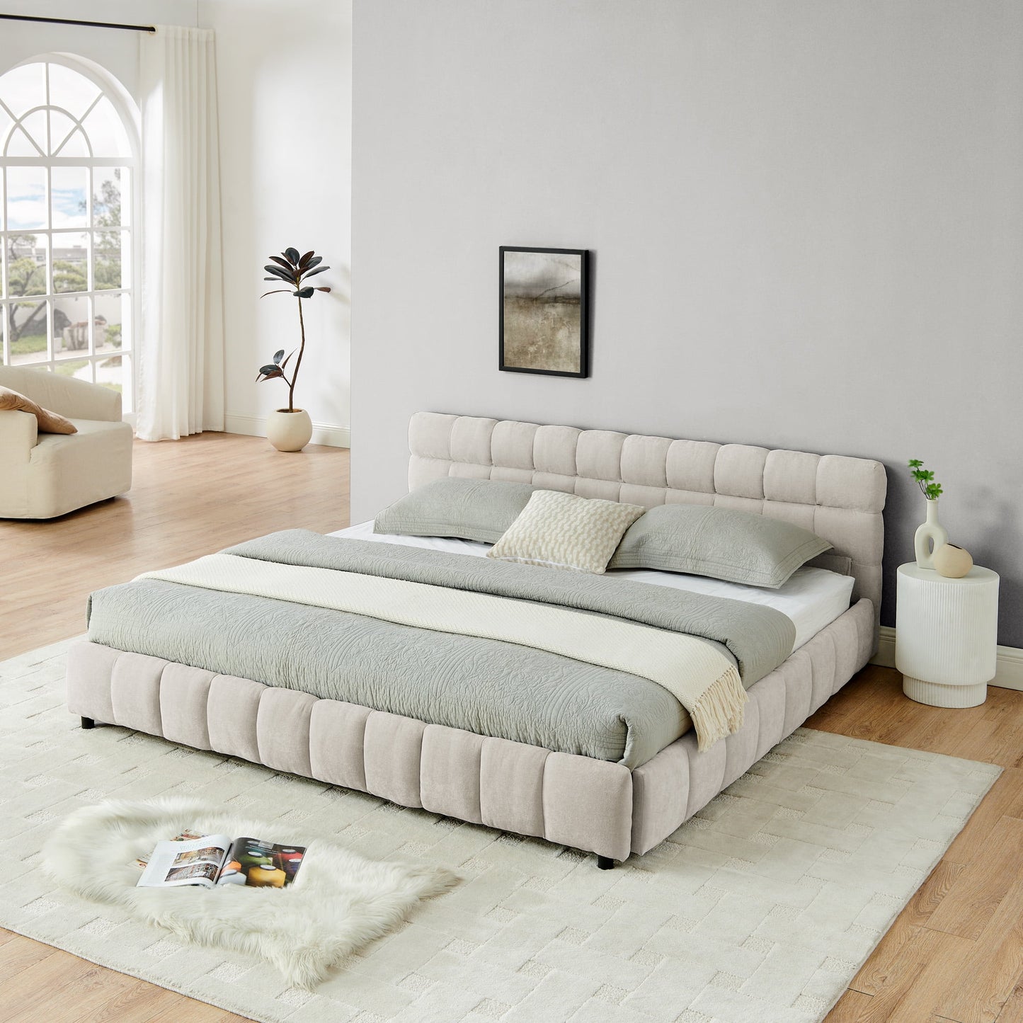 GAKMCIL King size Bed Frame with Thick Fabric,Upholstered Bed Frame with Headboard and Solid Frame. No Box Spring Needed Beige(88.5''*68.5''*31'')v