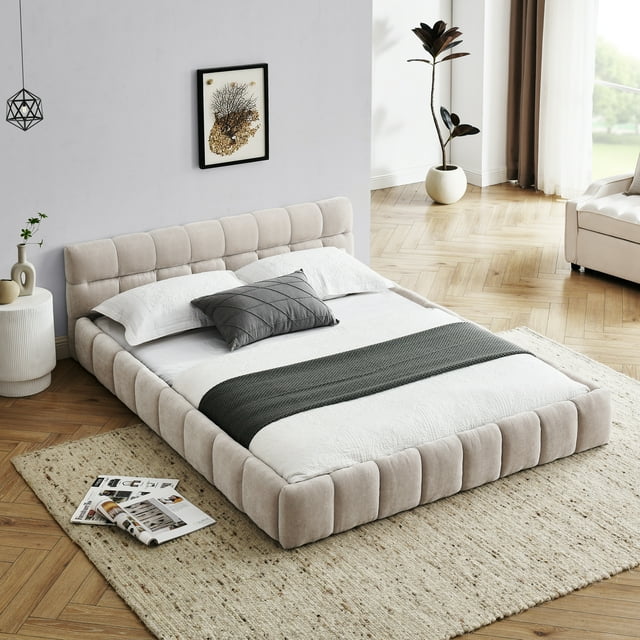 POVANLI Modern Queen Size Bed Frame, Chenille Fabric Grounded Queen Size Low Platform Bed with Headboard and Thick Fabric, Easy Assembly, No Box Spring Needed (Beige， 68''*86.5''*23.5'')