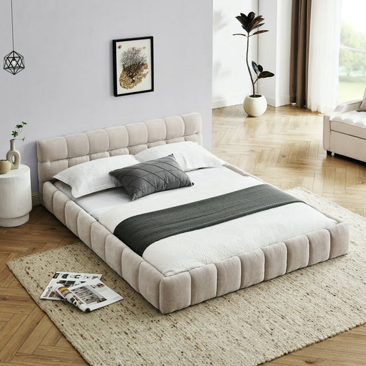 GAKMCIL Modern Queen Size Bed Frame, Chenille Fabric Grounded Queen Size Low Platform Bed with Headboard and Thick Fabric, Easy Assembly, No Box Spring Needed (Beige， 68''*86.5''*23.5'')