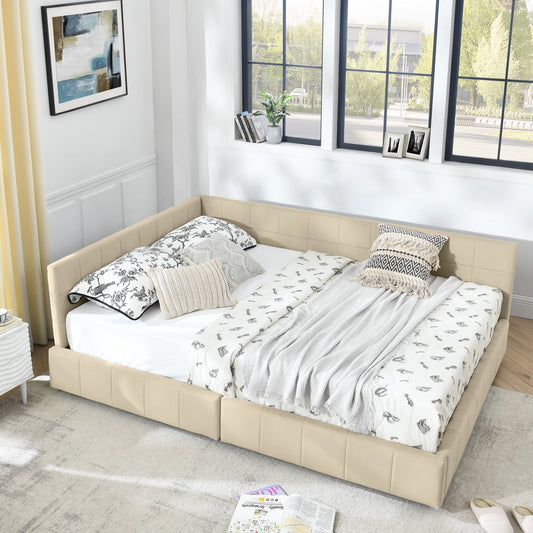 GAKMCIL Queen Size Upholstered Tufted Bed Frame,Sofa Velvet Bed Frame with Comfortable Backrest and Armrests,Daybed for Bedroom, Living Room Beige(85.5''*64.5''*29.5'')