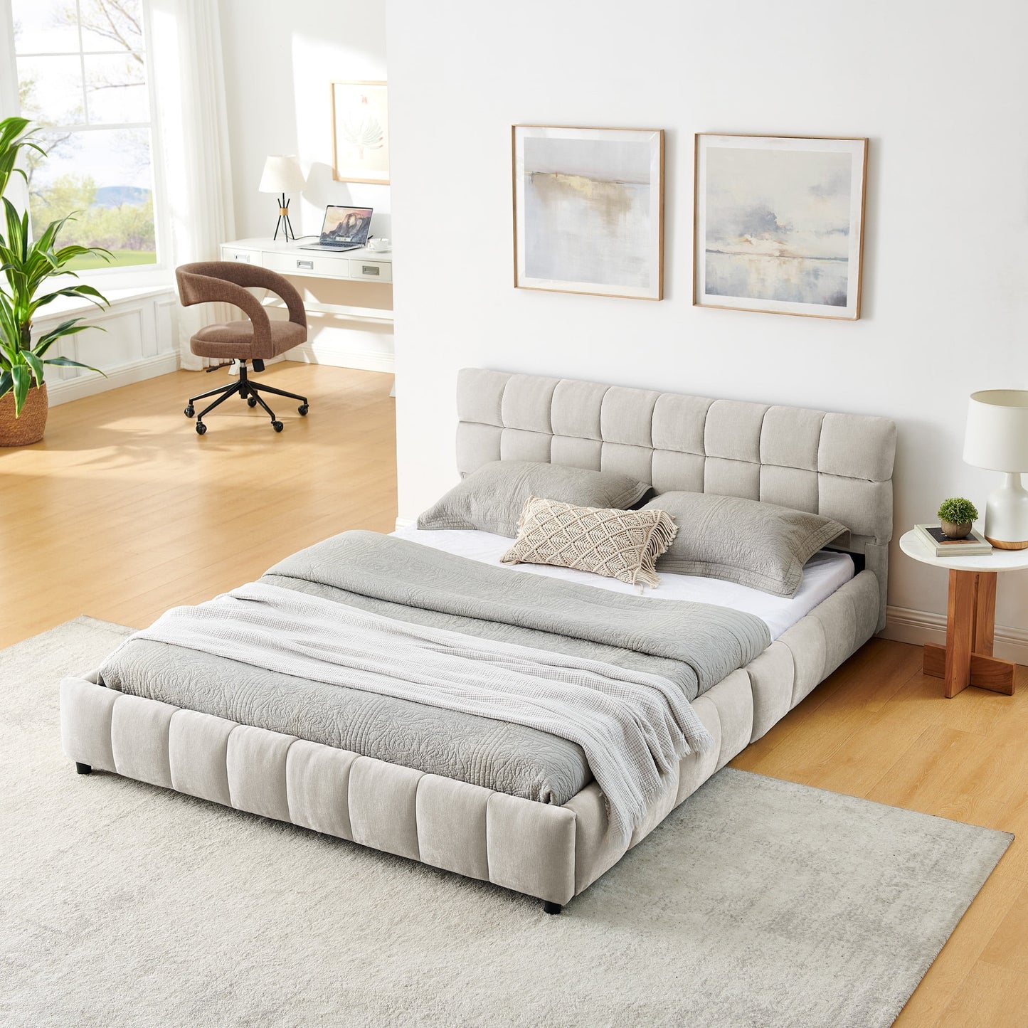 GAKMCIL Queen size Bed Frame with Thick Fabric,Upholstered Bed Frame with Headboard and Solid Frame. No Box Spring Needed Beige(88.5''*68.5''*31'')