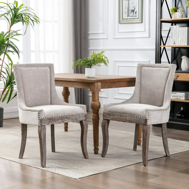 GAKMCIL Upholstered Dining Chairs, Ultra Side Dining Room Chairs with Bronze Nail Head, Tufted Cushion Back Elegant Accent Chairs, Rubber wood, Weight Capacity:300lb, Beige (Set of 2)