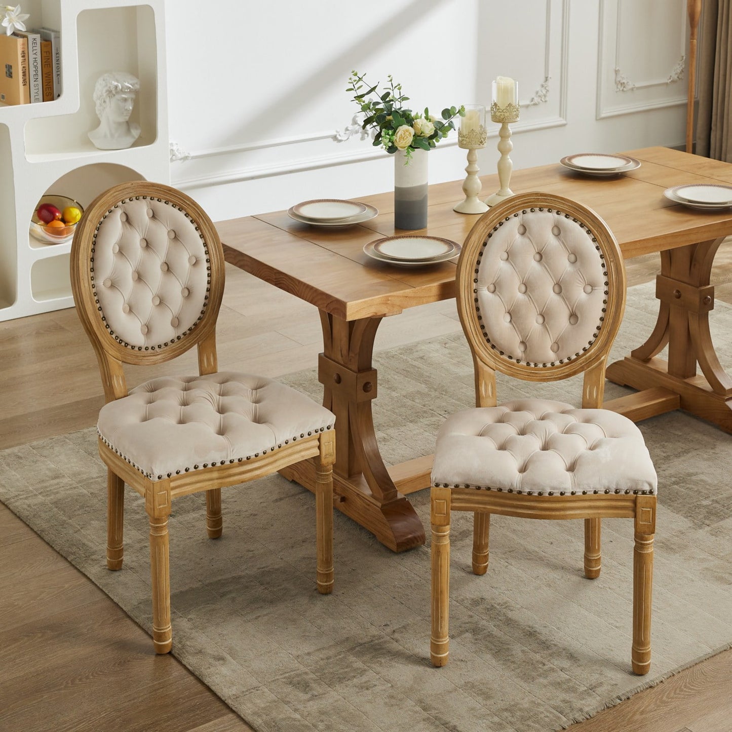 GAKMCIL Velvet artificial leather Dining Chair with French Solid Wood Frame,Hand Pull Button Decoration,Nailed Headdress Edge,Density Foam,Steel Spring Lining,Weight Capacity:300lb, Beige (Set of 2)