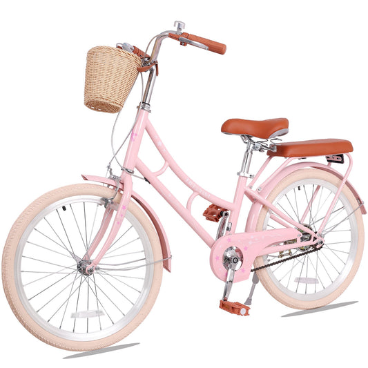 POVANLI 22" Girl Bicycle for Youth Over 6 Years Old Kids, Teenager with Basket Light Pink