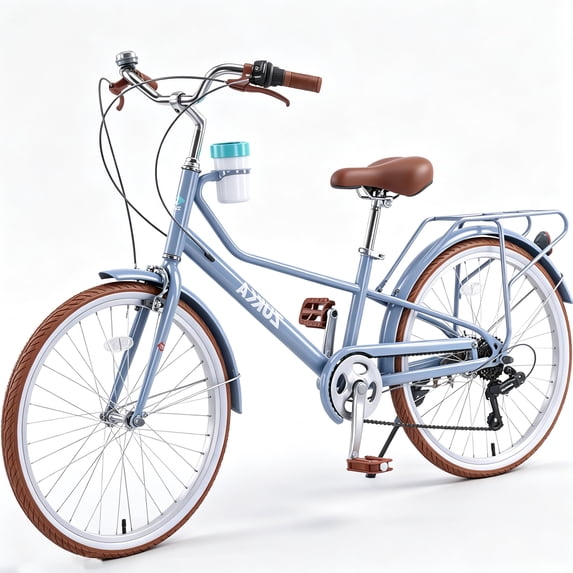 POVANLI 24" 6 Speed Cruiser Bike for Women/Men,Commuter Bicycle w/Adjustable Seat/Handlebar,City Bike with Dual Brakes,Steel Frame Blue
