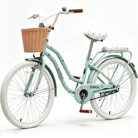 POVANLI 24" Cruiser Bike with Basket for 9+ Years Old Gift Green