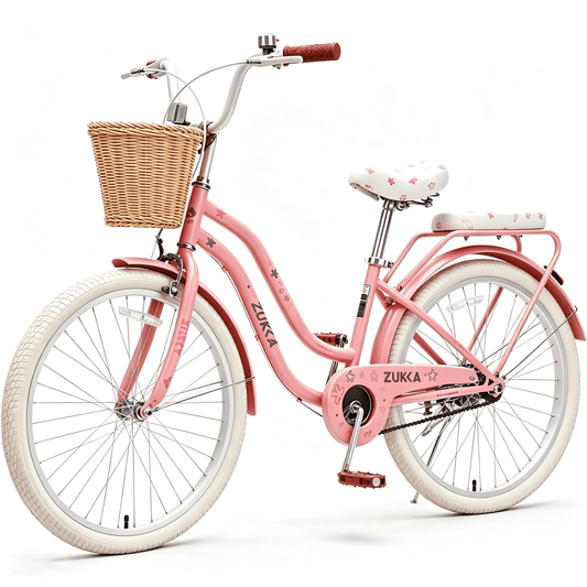 POVANLI 24" Cruiser Bike with Basket for 9+ Years Old Gift Peach Pink