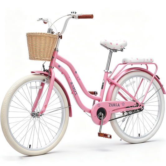 POVANLI 24" Cruiser Bike with Basket for 9+ Years Old Gift Pink