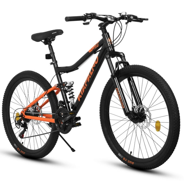 POVANLI 26 inch Mountain Bike Adults ages 14+ years aluminum frame shock absorbing front fork bike 21-speed disc brake mountain Bicycles,85% assembled comfort adjustable seat,Gift(Black+Orange)