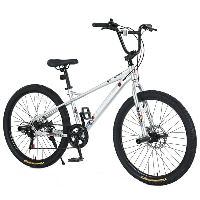 POVANLI 26 inch bike,Freestyle Carbon steel Bicycle for Age 14+ Years ,tall Height 54-62 inches,Double Disc Brakes and Step Peg,saround 85% assembled body,Gift(Silver)