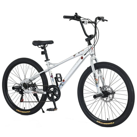 POVANLI 26 inch bike,Freestyle Carbon steel Bicycle for Age 14+ Years ,tall Height 54-62 inches,Double Disc Brakes and Step Peg,saround 85% assembled body,Gift(Silver)