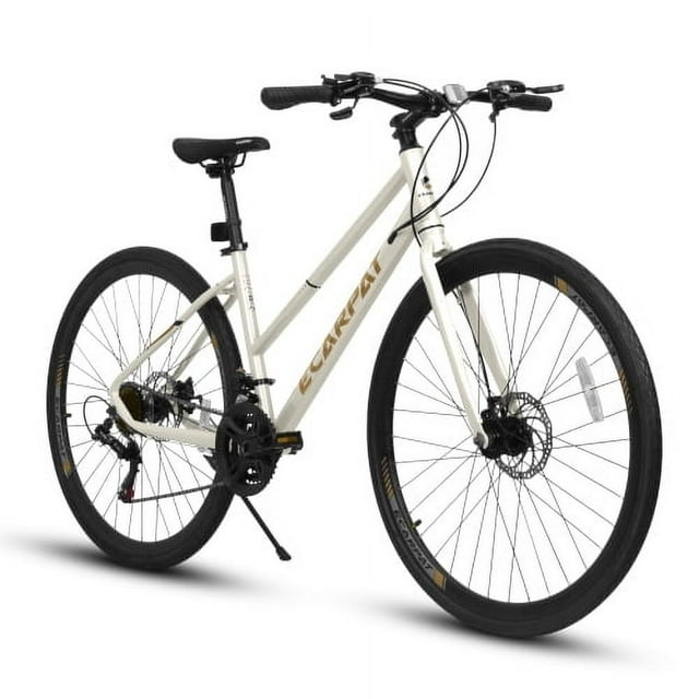 POVANLI 700C Road Hybrid Bike for Adults,21-Speed Outdoor Bike with High-Carbon Steel Frame Bike,Dual Disc Brake Mountain Bicycle Adults ages 14+, Gift(Cream)