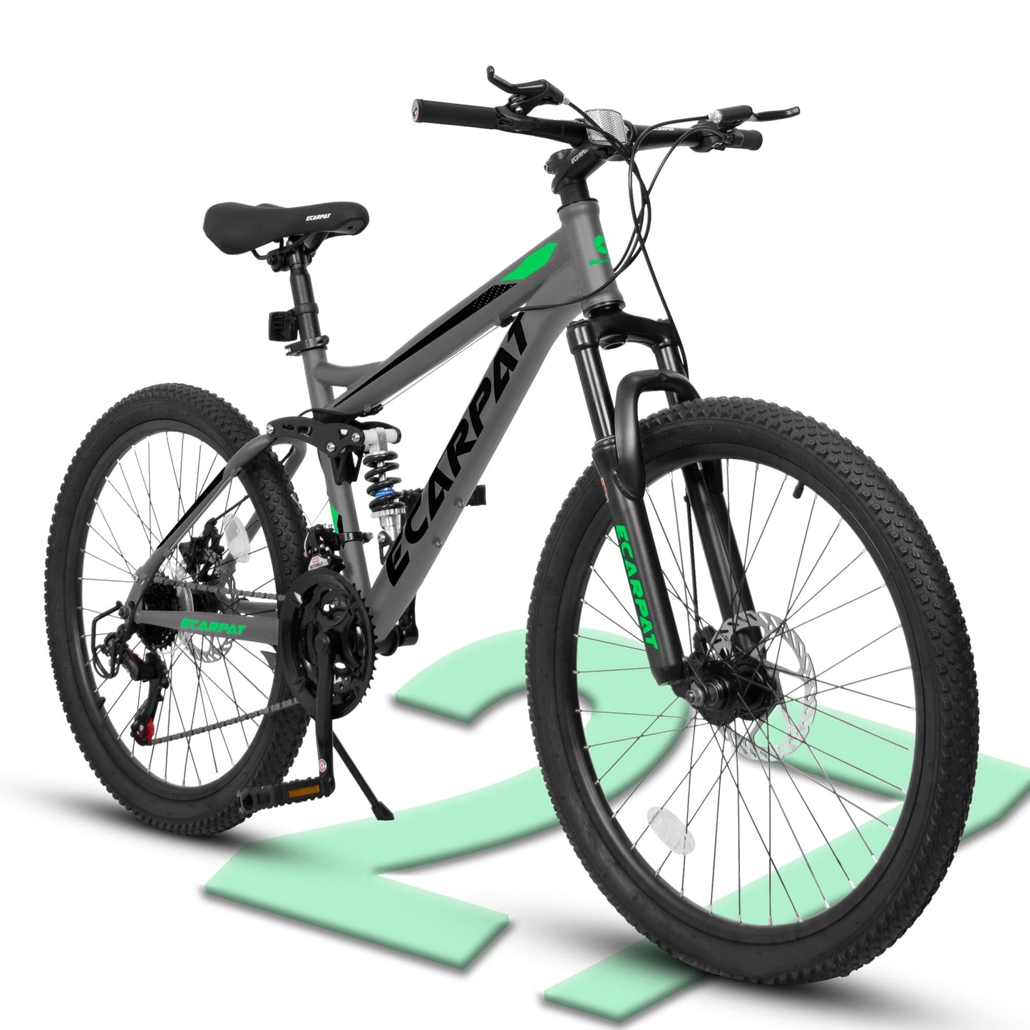 POVANLI 27.5Inch Mountain Bike Dual Full Suspension, Carbon Steel Frame Mountain Bike for Mens Womens, Go to School/Work with 21-Speed Disc Trail Commuter City Beach Snow Bicycles, Gift(Black+Green)