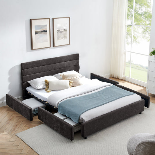 Queen Size Bed Frame with Headboard,Comfortable Cushioned Bed Frame with 4 Drawers,Queen Size Bed for Bedroom, Living Room Dark Grey(85 "x 66" x 36 ")
