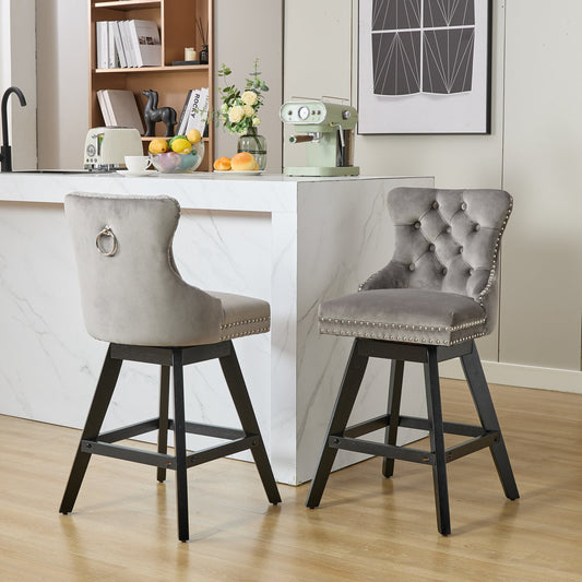 GAKMCIL Velvet Upholstered Swivel Barstools, Wood&Fabric Kitchen Counter Bar Chairs with Button Tufted, Chrome Nailhead Trim, Wooden Legs, 300lbs Load for Home Pub, Kitchen Island (Set of 2, Gray)