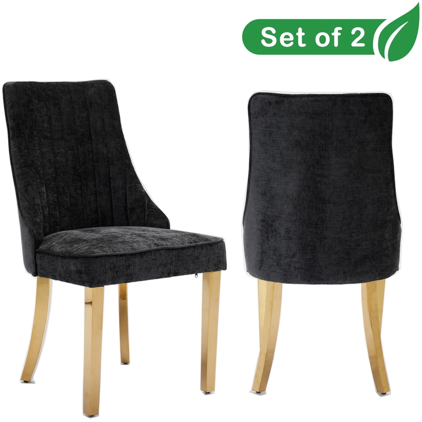 GAKMCIL Chenille Dining Chairs (Set of 2), Tufted Kitchen Dinner Chair Comfy Fabric Upholstered Accent Chair for Dining Room with Golden Stainless Steel Plating Legs, Weight Capacity:300lb (Black)