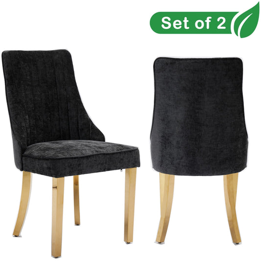 GAKMCIL Chenille Dining Chairs (Set of 2), Tufted Kitchen Dinner Chair Comfy Fabric Upholstered Accent Chair for Dining Room with Golden Stainless Steel Plating Legs, Weight Capacity:300lb (Black)