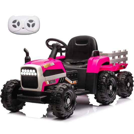 POWANLI 24V Ride on Tractor with Trailer,200w*2 motor Electric Tractor Toy with Remote Control, Electric car with 3 speed adjustable,USB,MP3,Bluetooth,LED light,safety belt for 3-6 girls,boys Pink