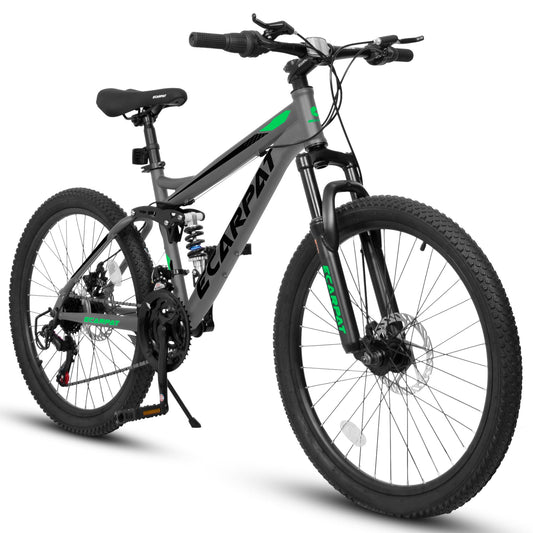 POWANLI Mountain Bike 24 Inch, Dual Full Suspension, Carbon Steel Frame Mountain Bike for Mens Womens, Go to School/Work with 21-Speed Disc Trail Commuter City Beach Bicycles, Gift(Gray)