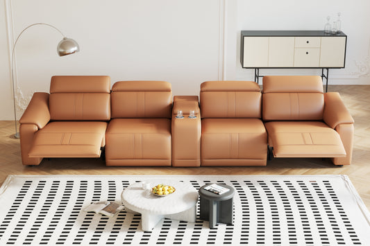 GAKMCIL 4-Seat Leather Power Recliner Sofa Set, Electric Sectional Couch with Storage Console, USB Ports, Cup Holder, Adjustable Headrest, Each Seat 330lbs Load for Living Room Apt Office (Brown)