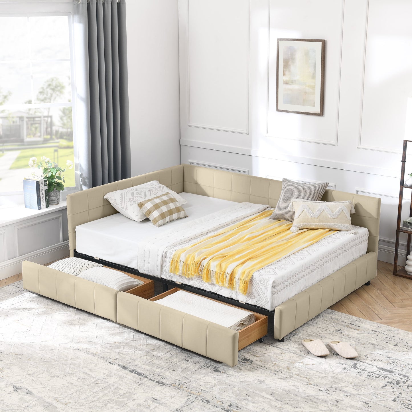 GAKMCIL Full Size Upholstered Tufted Bed Frame,Sofa Velvet Bed Frame with Comfortable Backrest and Armrests,Daybed for Bedroom, Living Room Beige(80.5''*59''*29.5'')