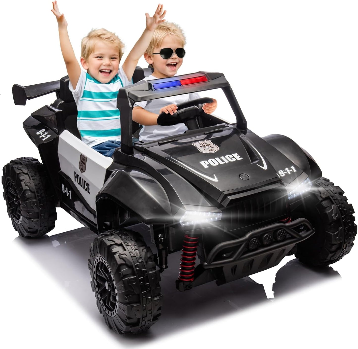 POWANLI 24V Electric Kid Police Car, 2-seater, 2 driving Modes, Kid manual control, W/Parents 2.4G Remote Control with Power display, USB/TF, MP3, Bluetooth, LED Lights, for Boys Girls 3-8, Black